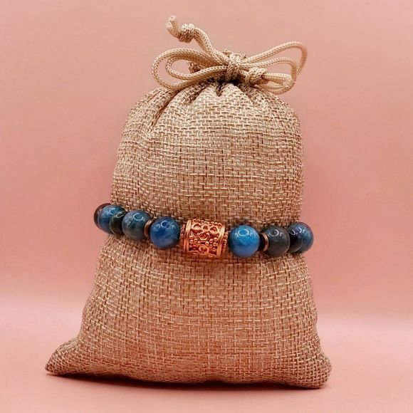 Neon Blue Apatite, Chrysocolla, and Copper Beaded Bracelet - Picture 3 of 5